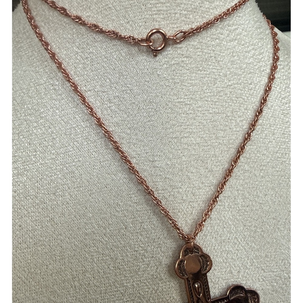 BEAUTIFUL VINTAGE BELL SOLID COPPER & TURQUOISE CROSS NECKLACE & 24" CHAIN - Picture 4 of 8
